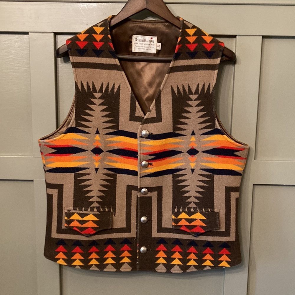 Pendleton Brown Wool Vest with Orange, Yellow & Navy Geometric Pattern
